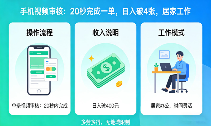 手机视频审核：20秒完成一单，日入破4张，居家工作